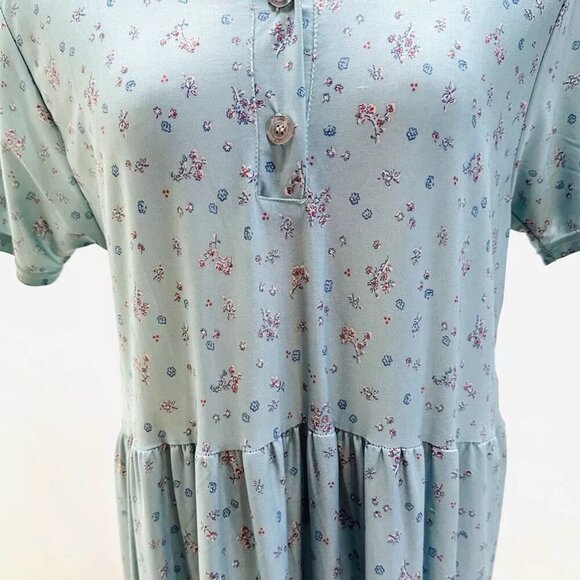 FOXCLUB Women Short Sleeve Pullover Casual Blue Floral Print Long Dress Medium - Picture 3 of 11